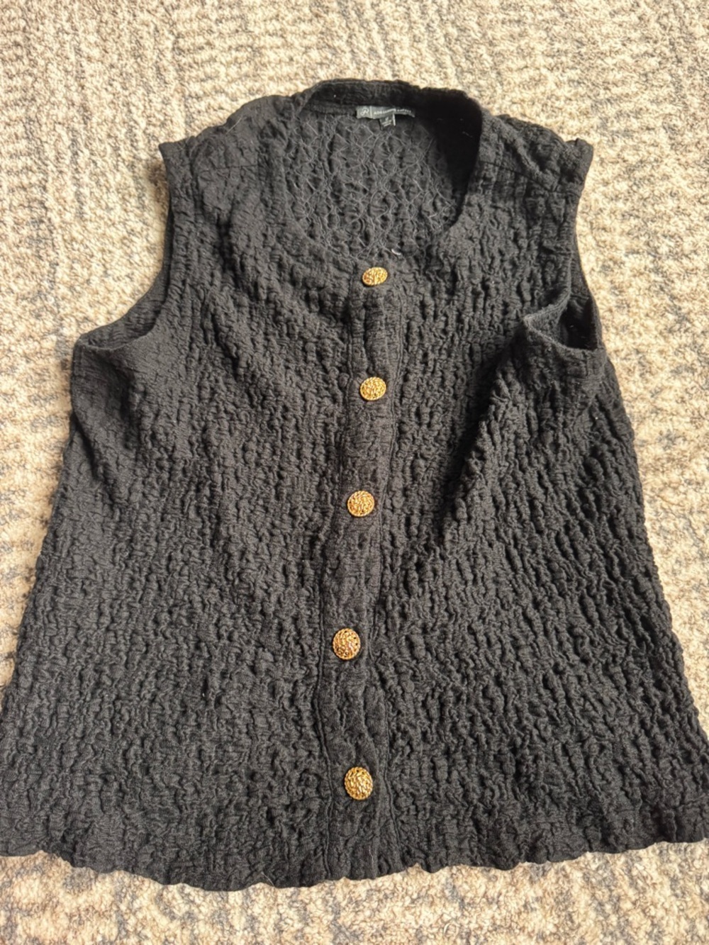 Adrianna Papell Black Sleeveless Textured Button Front Top with Gold Buttons